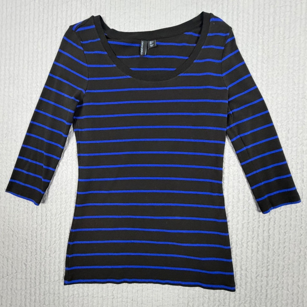 Cynthia Rowley Womens Large Black Blue Striped Pima Cotton Modal 3/4 Sleeve Top
